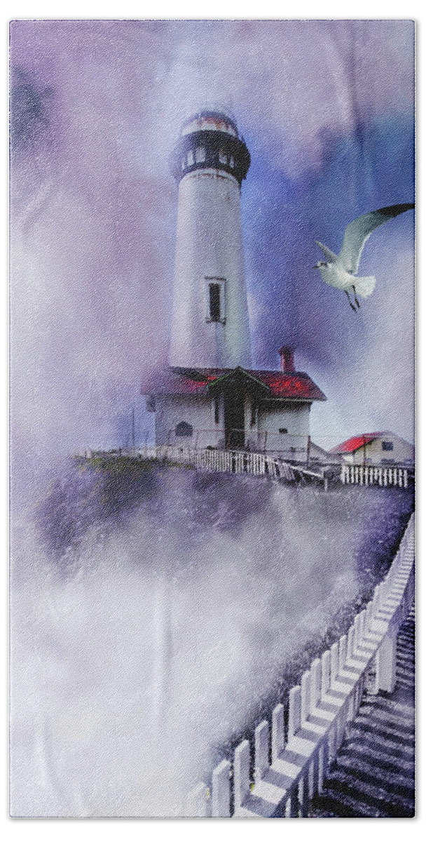 California Beach Sheet featuring the digital art Pigeon Lighthouse with fog by Jeff Burgess
