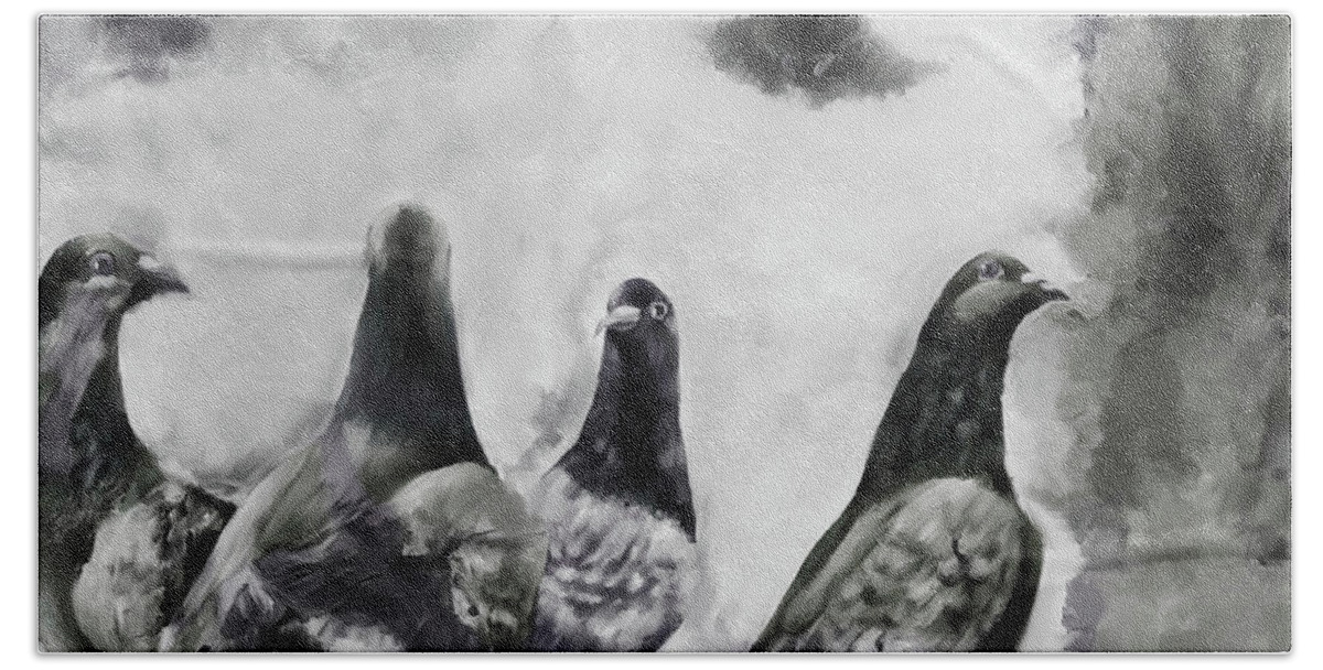 Birds Beach Towel featuring the painting Pigeons BW by Gull G