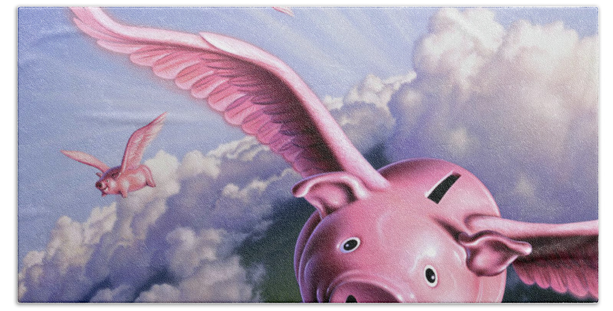 Pigs Beach Towel featuring the painting Pigs Away by Jerry LoFaro