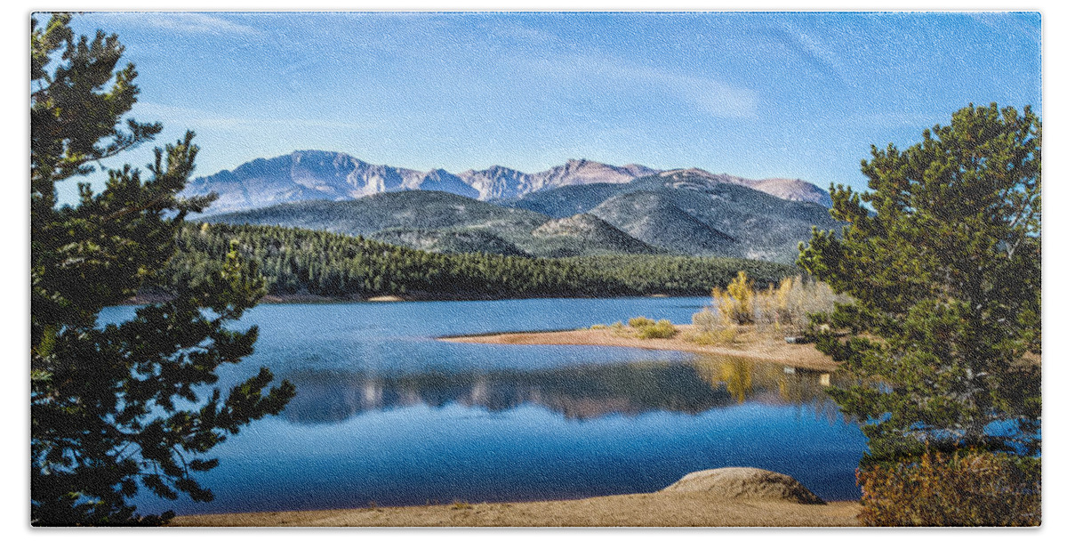 Blue Sky Beach Towel featuring the photograph Pikes Peak Over Crystal Lake by Ron Pate