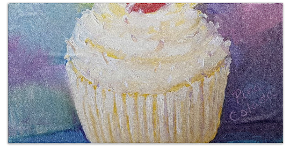 Pina Colada Cupcake Beach Sheet featuring the painting Pina Colada cupcake by Judy Fischer Walton