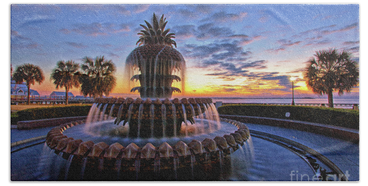Charleston Beach Towel featuring the photograph The Pineapple Fountain at Sunrise in Charleston, South Carolina, USA by Sam Antonio