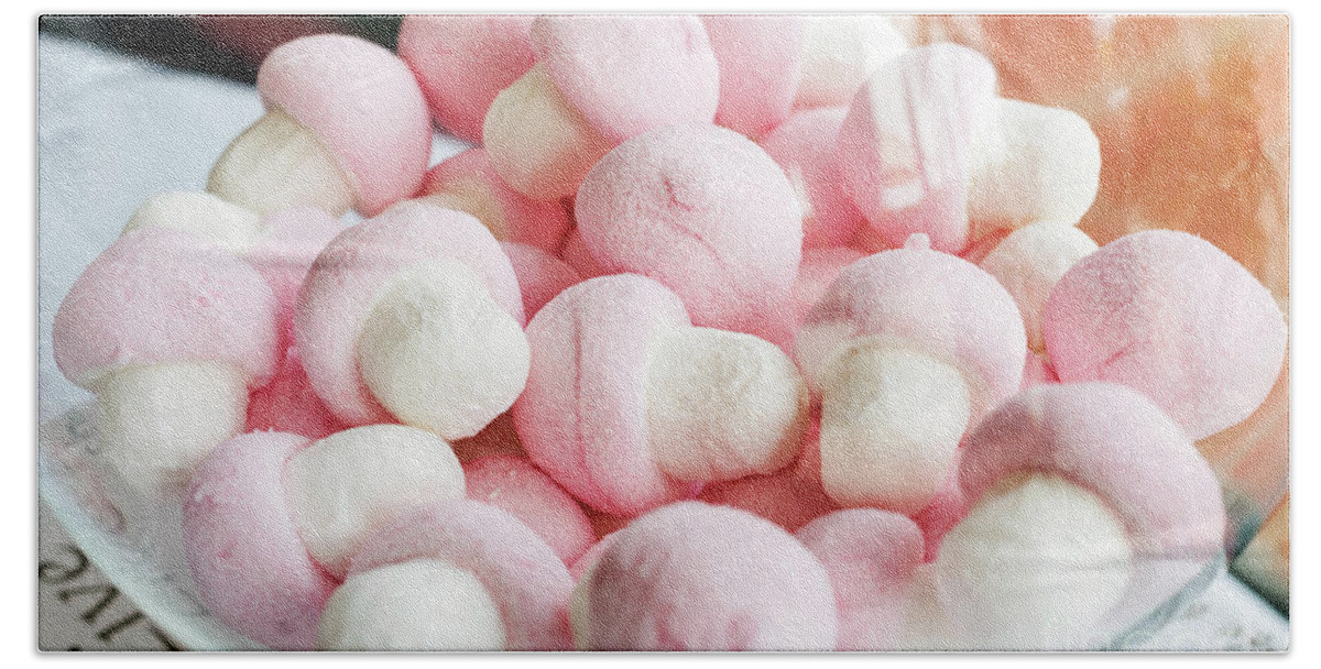 Beautiful Beach Towel featuring the photograph Pink And White Marshmallows In Bowl by JM Travel Photography