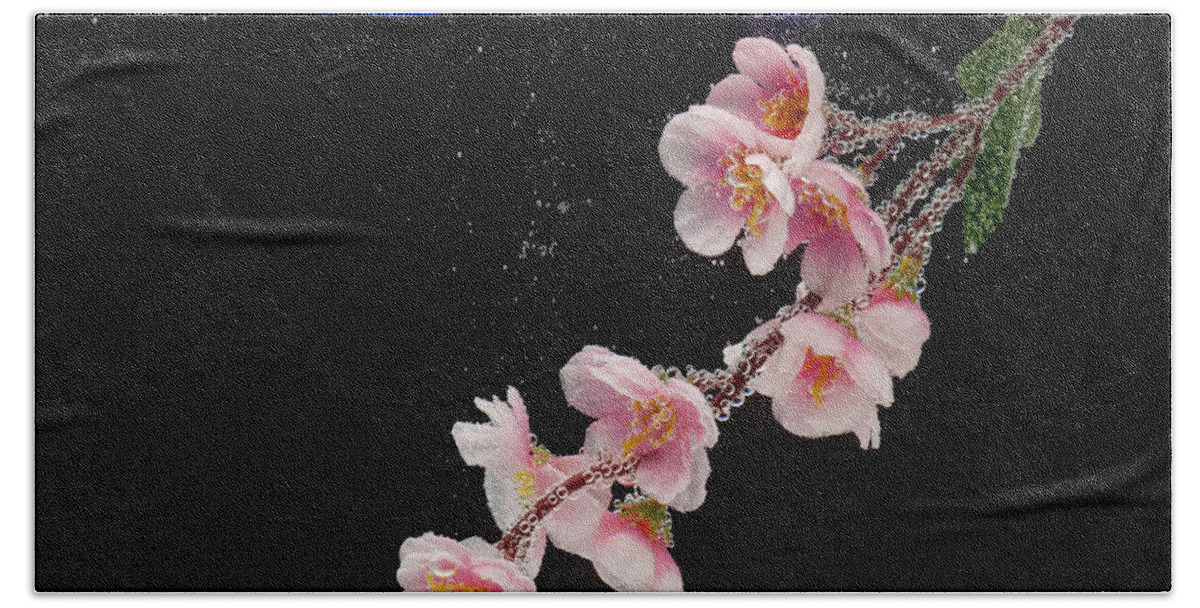 Water Beach Towel featuring the photograph Pink Blossom in Water with Bubbles by Dmitry Soloviev
