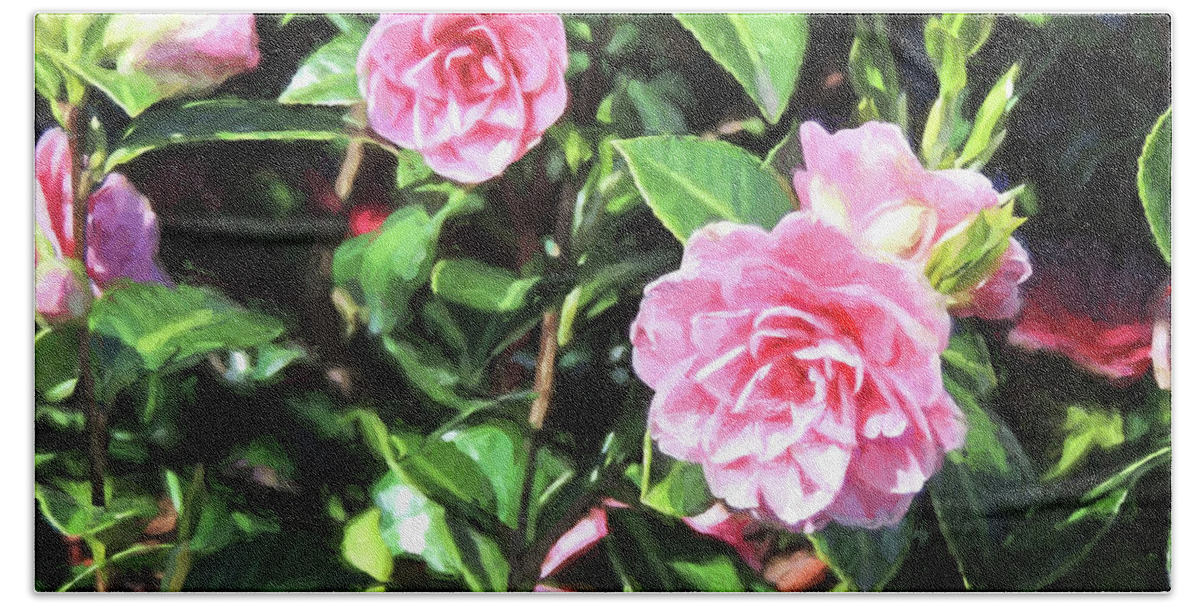 Pink Beach Sheet featuring the digital art Pink Camellias by Jayne Wilson