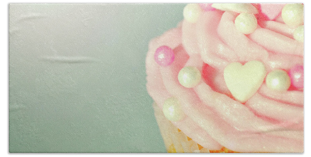 Cupcake Beach Towel featuring the photograph Pink Cupcake with Lovehearts by Lyn Randle