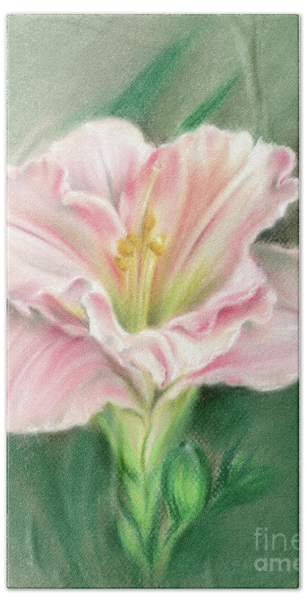 Botanical Beach Towel featuring the painting Pink Daylily and Green Buds by MM Anderson