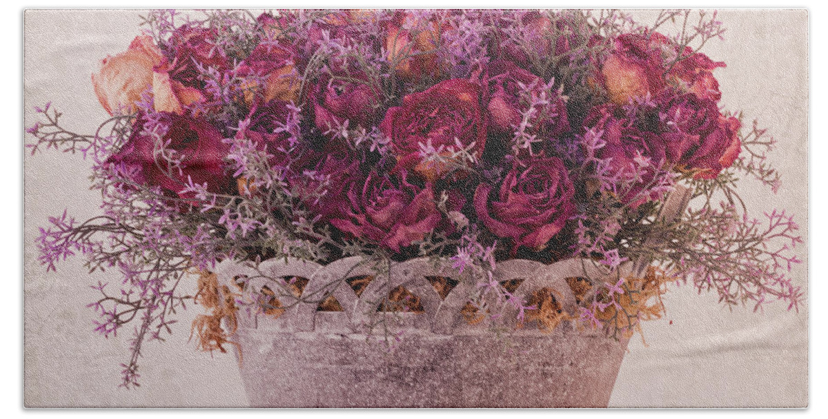 Roses Beach Towel featuring the photograph Pink Dried Roses Floral Arrangement by Sandra Foster
