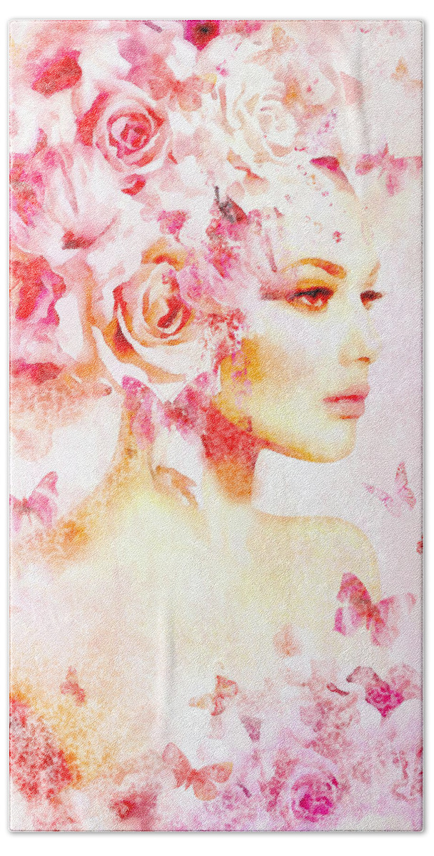 Pink Beach Towel featuring the digital art Pink Floral Nymph in watercolor by Lilia D