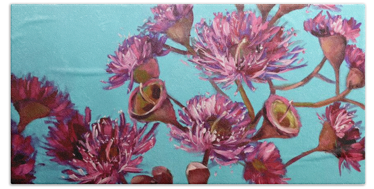Pink Gum Blossoms. Pink Beach Towel featuring the painting Pink Gum Blossoms by Chris Hobel