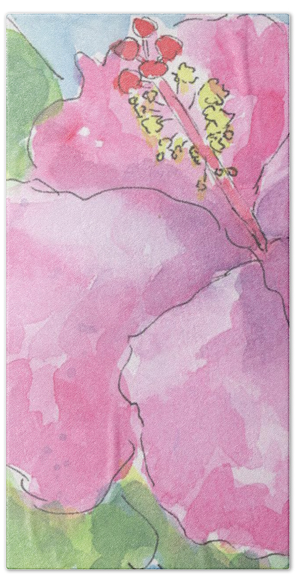 Watercolor Beach Towel featuring the painting Pink Hibiscus by Marcy Brennan