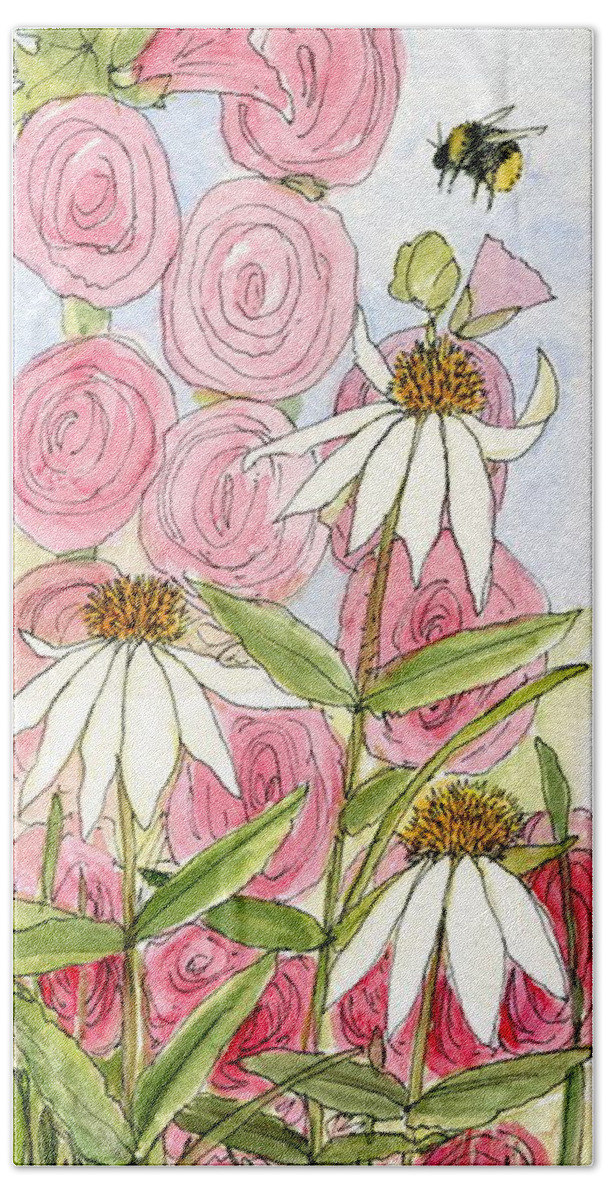 Hollyhock Beach Towel featuring the painting Pink Hollyhock and White Coneflowers by Laurie Rohner