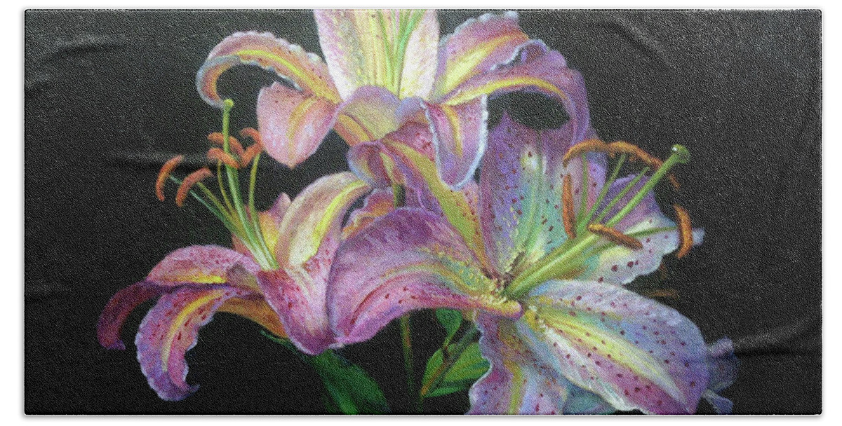 Lilies Beach Towel featuring the painting Pink Lilies by Marie Witte