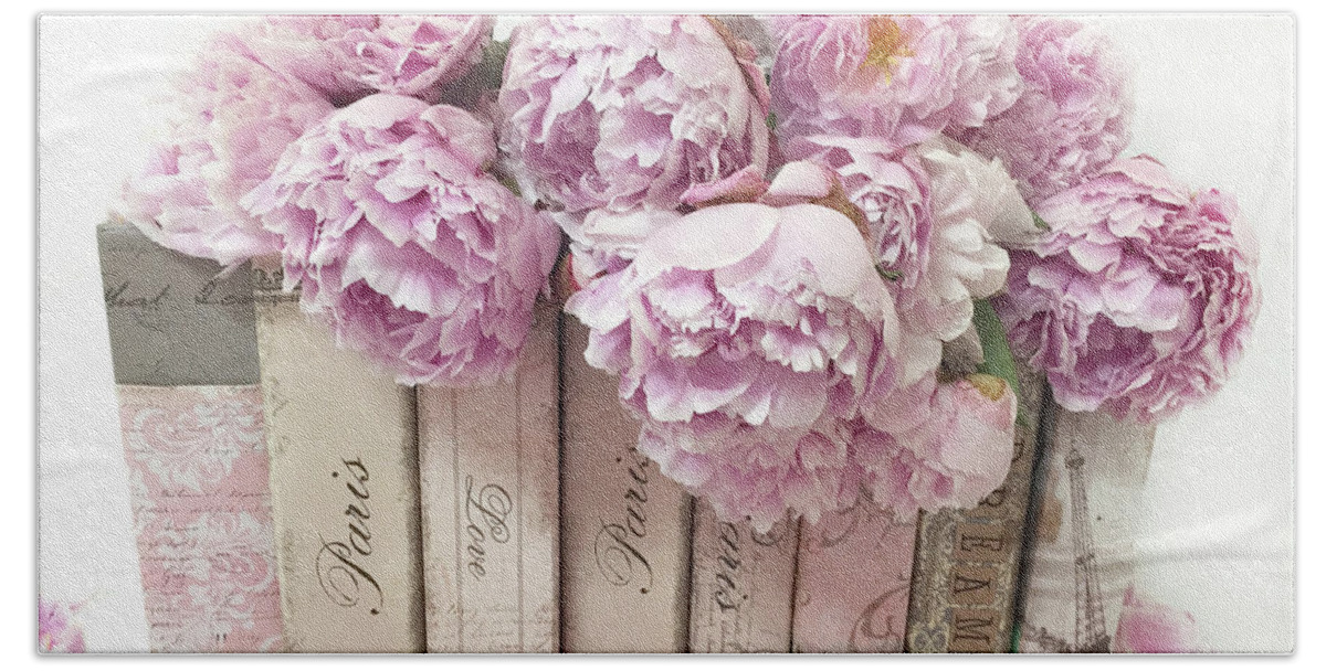 Peonies Beach Towel featuring the photograph Pink Peonies Paris Books Romantic Shabby Chic Wall Art Home Decor by Kathy Fornal
