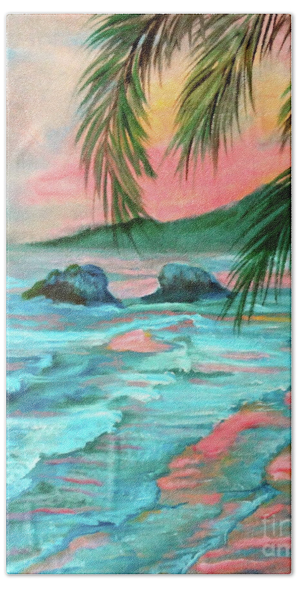 Pink Sunset Beach Towel featuring the painting Pink Sunset #1 by Jenny Lee