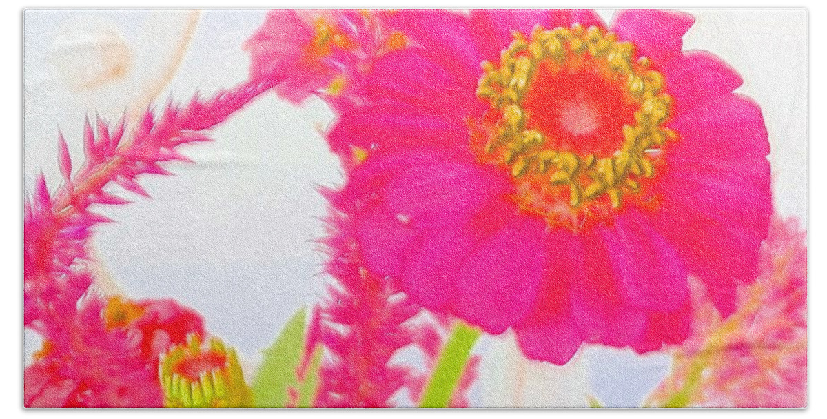 #zinnia #pops With #pink #color And #celosia In The #background Beach Towel featuring the photograph Pink Zinnia Watercolor by Belinda Lee