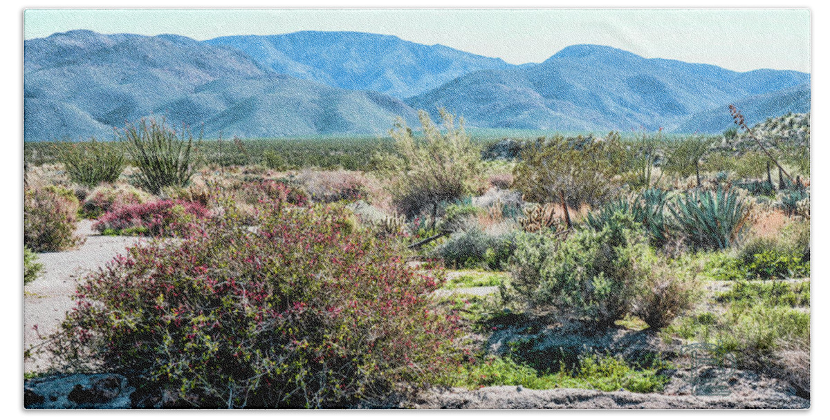  Pinyon Mtns Desert View Beach Towel featuring the pyrography Pinyon Mtns Desert View by Daniel Hebard