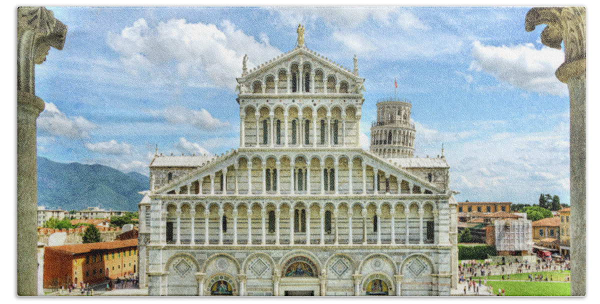 Pisa Beach Towel featuring the photograph Pisa - leaning tower behind duomo - vintage version by Weston Westmoreland