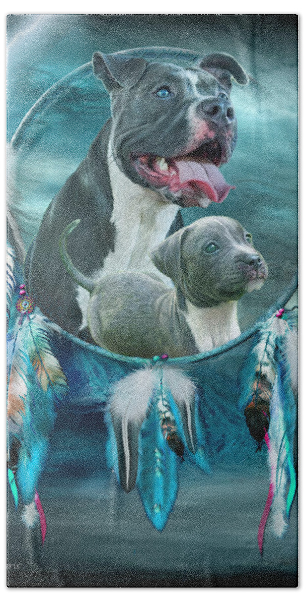 Rez Dog Cover Art Beach Towel featuring the mixed media Pit Bulls - Rez Dog by Carol Cavalaris