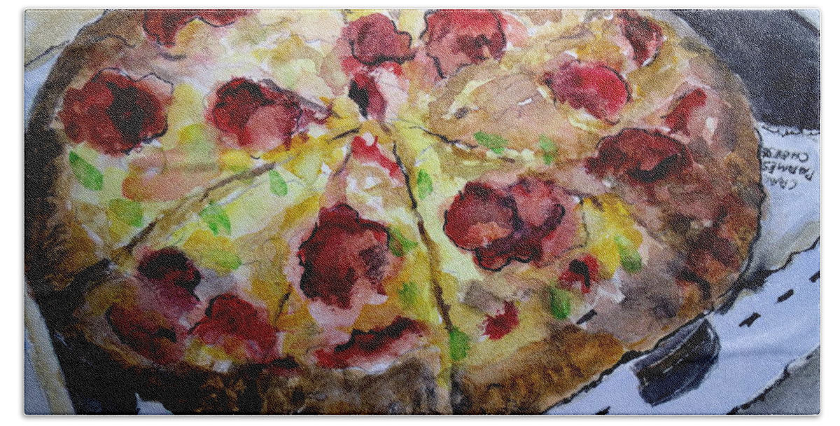 Pizza Beach Sheet featuring the painting Pizzas Here by Carol Grimes