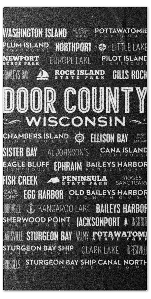 Door County Beach Towel featuring the digital art Places of Door County on Black by Christopher Arndt