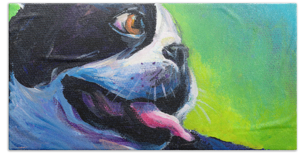Boston Terrier Painting Beach Towel featuring the painting Playful Boston Terrier by Svetlana Novikova