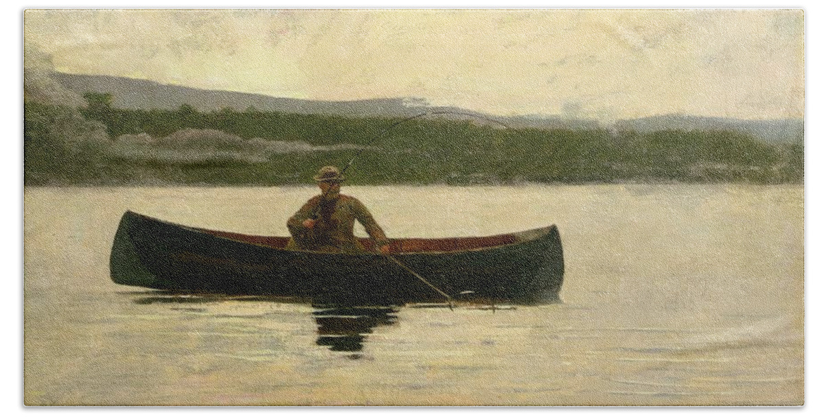 Playing A Fish Beach Towel featuring the painting Playing a Fish by Winslow Homer