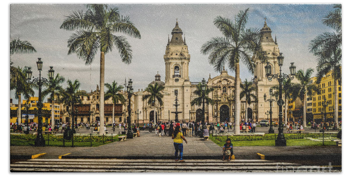 Plaza De Armas Of Lima Beach Towel featuring the photograph Plaza de Armas of Lima, Peru by Mary Machare