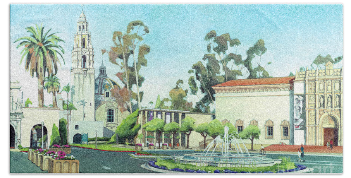 Plaza De Panama Beach Towel featuring the painting Balboa Park San Diego California by Paul Strahm