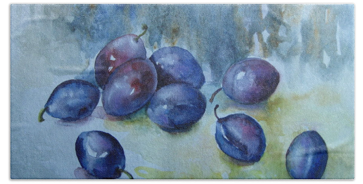 Plums Beach Towel featuring the painting Plums by Elena Oleniuc