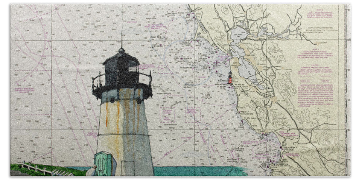 California Beach Towel featuring the painting Point Montara Lighthouse on a NOAA Nautical Chart by Mike Robles