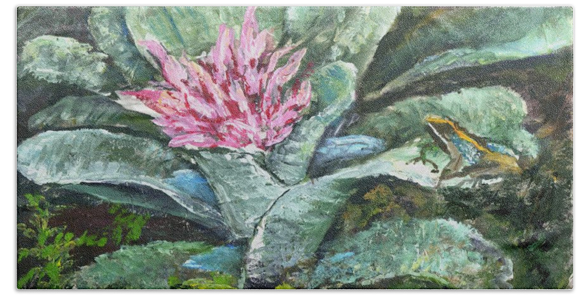 Frog Beach Sheet featuring the painting Poison Dart Frog on Bromeliad by Virginia Potter
