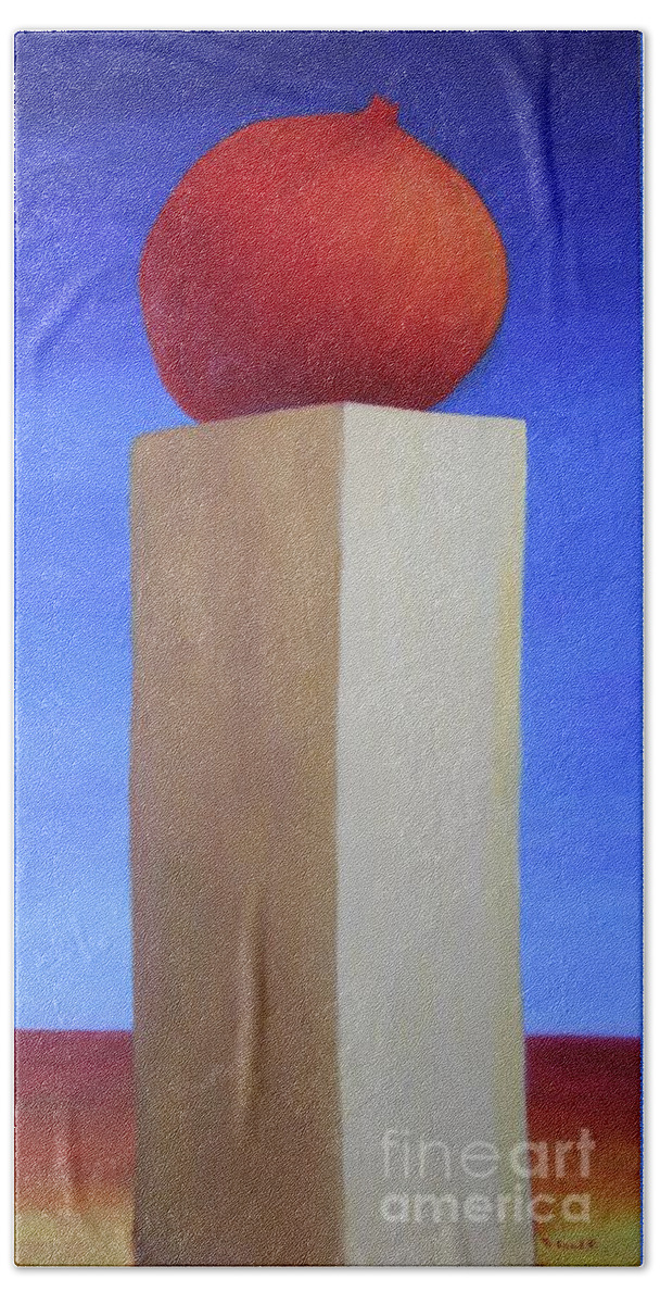 Still Life Beach Towel featuring the painting Pomegranate at Sunrise, a Tribute to Larraz by Mary Erbert