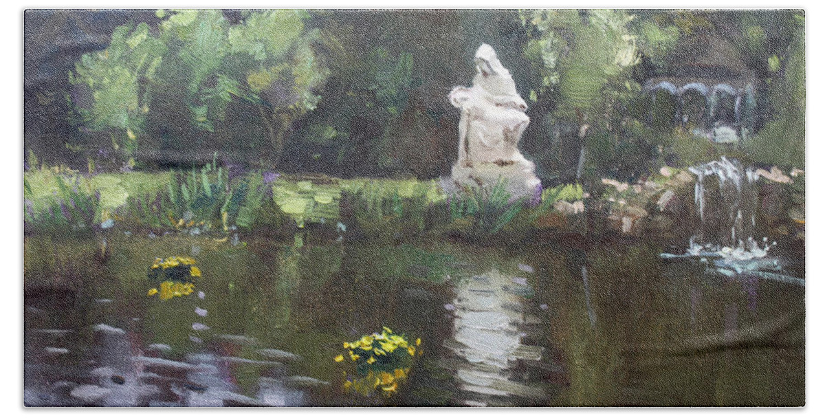 Our Lady Of Fatima Beach Towel featuring the painting Pond at Our Lady of Fatima Lewiston by Ylli Haruni