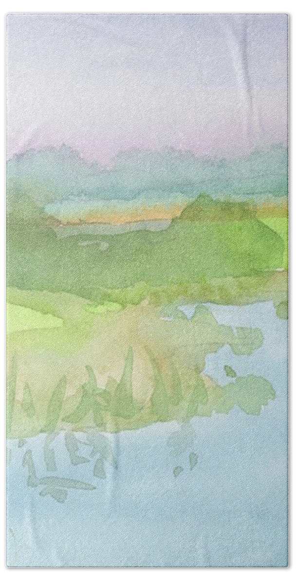 Watercolor Beach Towel featuring the painting Pond Reflections by Marcy Brennan