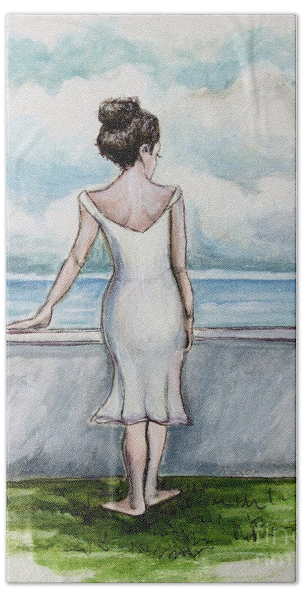 Ocean Beach Towel featuring the painting Ponder by Elizabeth Robinette Tyndall
