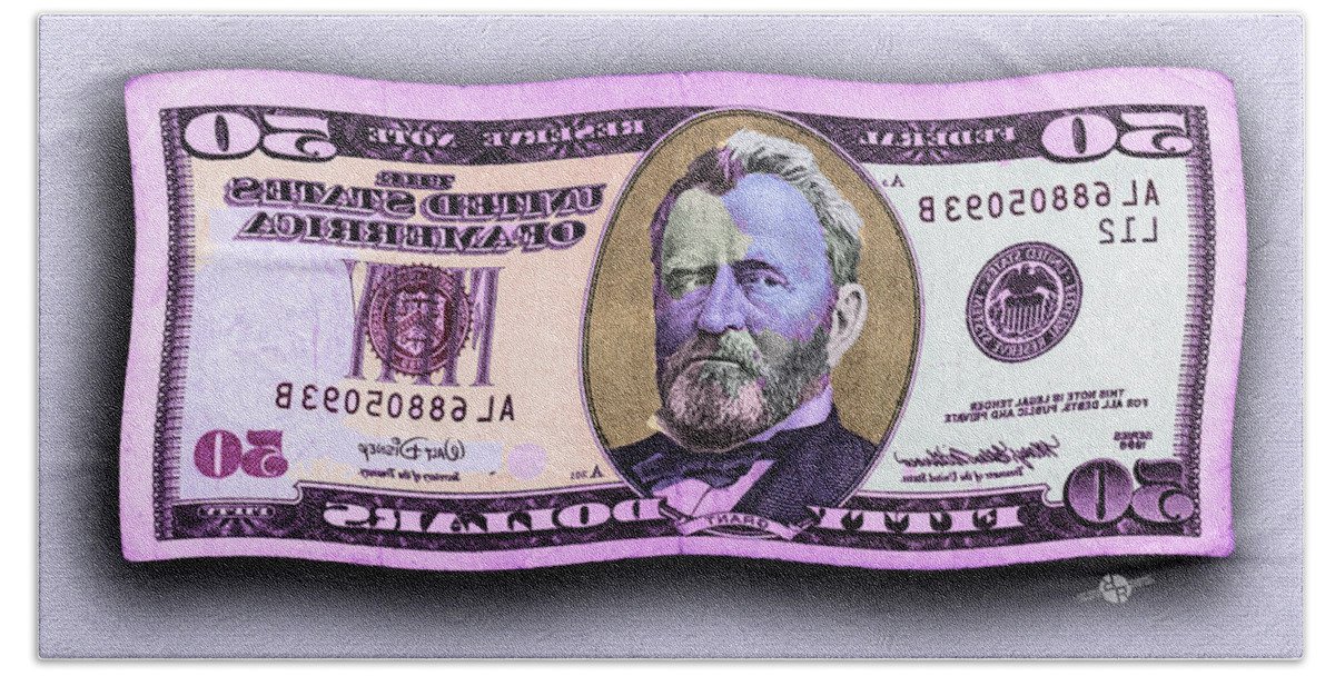 $50 Beach Towel featuring the painting 50 Dollar Bill In The Wind Purple Pink Mirror Image Pop Art by Tony Rubino