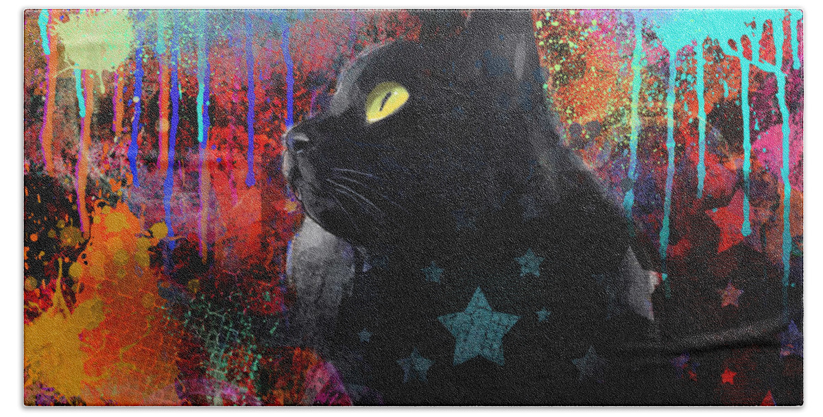 Black Cat Beach Sheet featuring the painting Pop Art Black Cat painting print by Svetlana Novikova