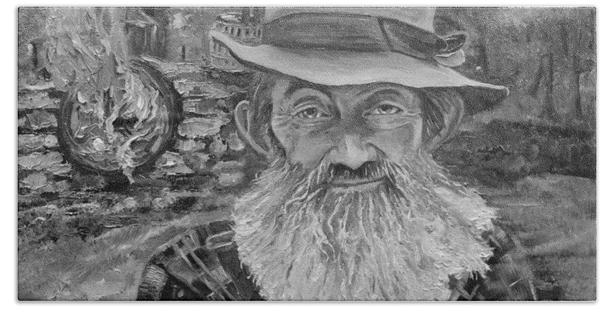 Popcorn Sutton Beach Towel featuring the painting Popcorn Sutton - Black and White - Rocket Fuel by Jan Dappen