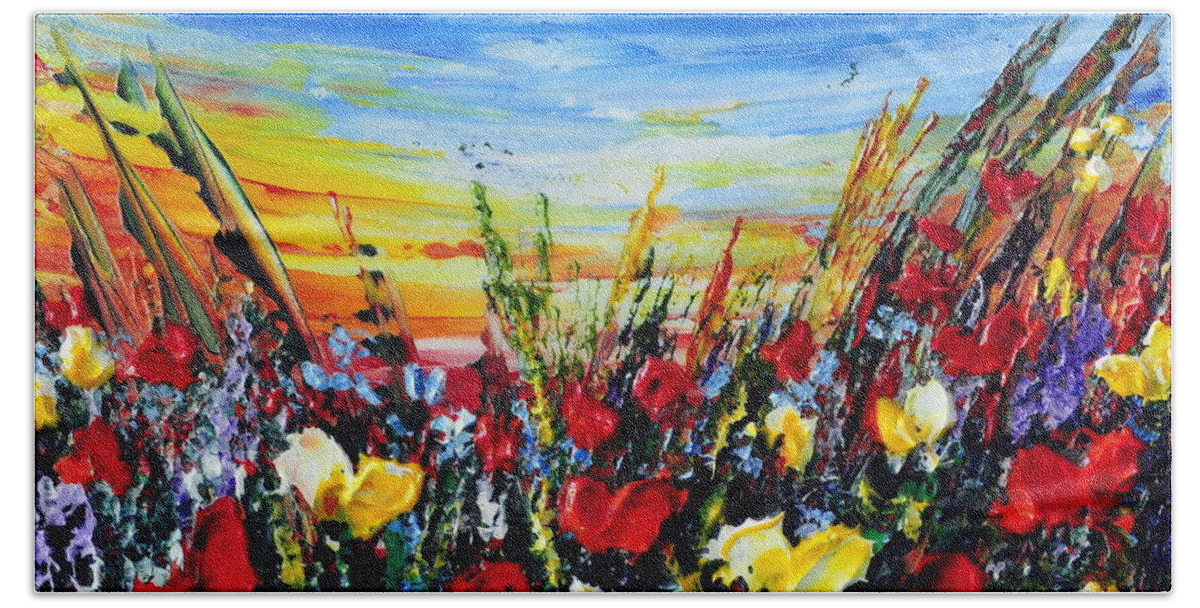 Poppies Beach Sheet featuring the painting Poppies 4 by Teresa Wegrzyn