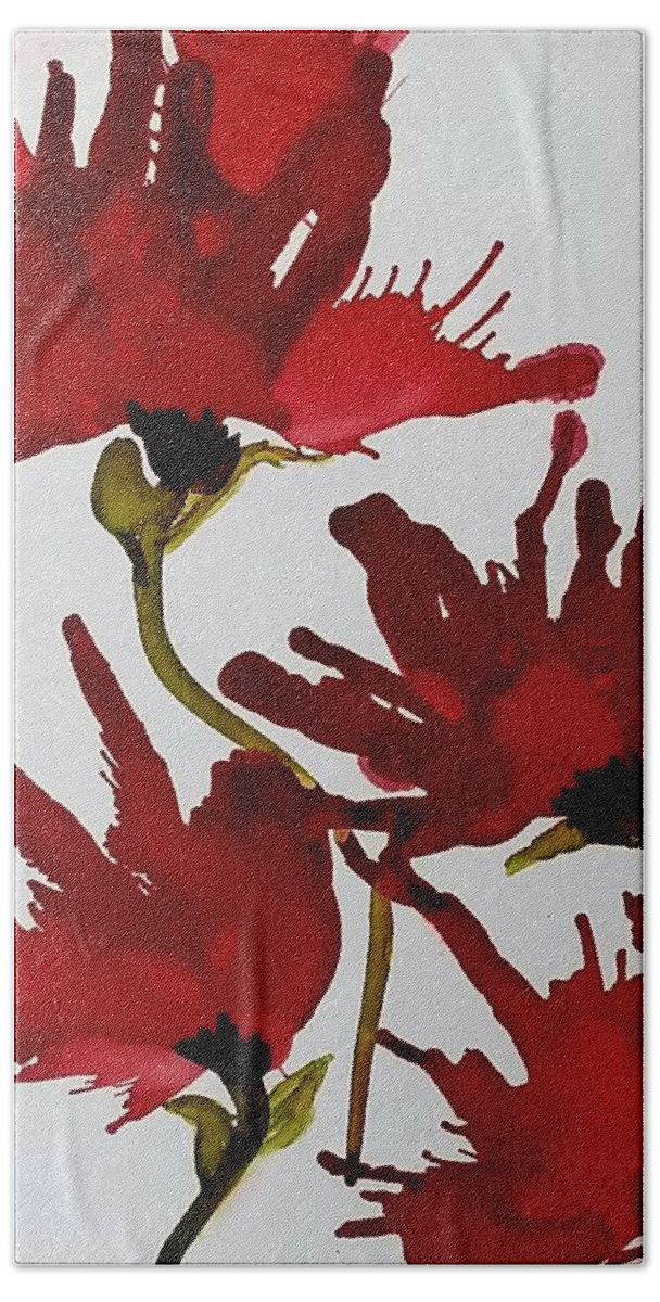Red Beach Towel featuring the painting Poppies by Donna Perry