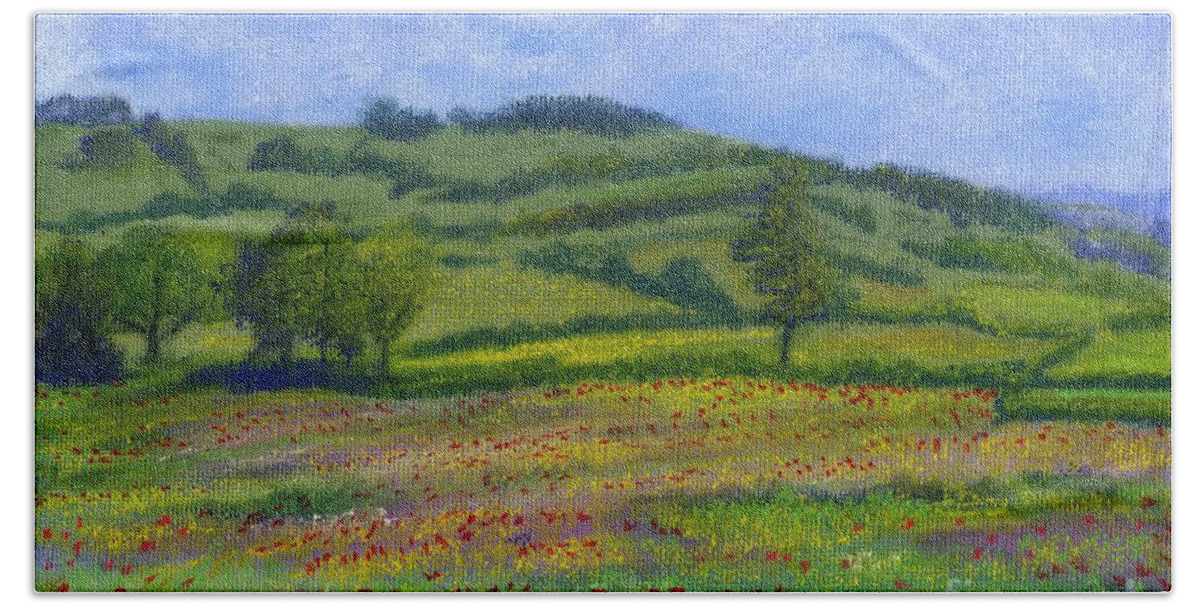 Red Poppies Beach Towel featuring the pastel Red Poppies in Cribyn Fields by Edward McNaught-Davis