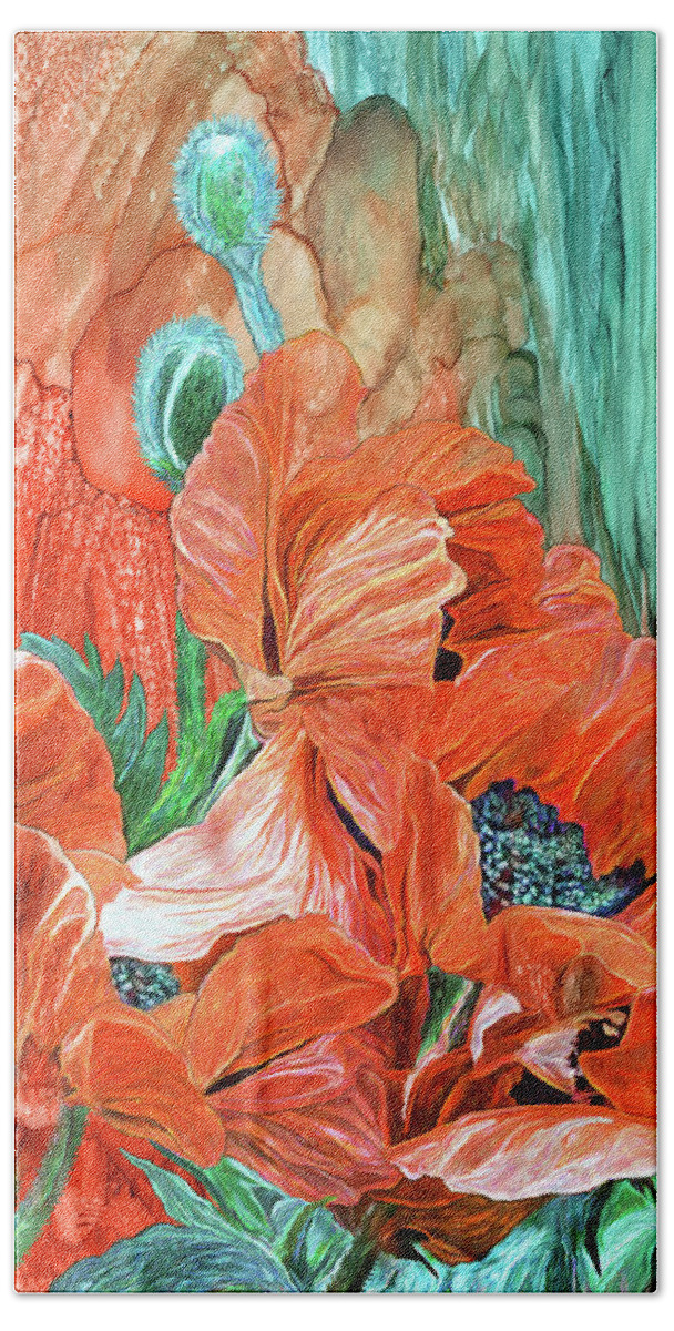 Carol Cavalaris Beach Towel featuring the mixed media Poppies - Love In Bloom by Carol Cavalaris
