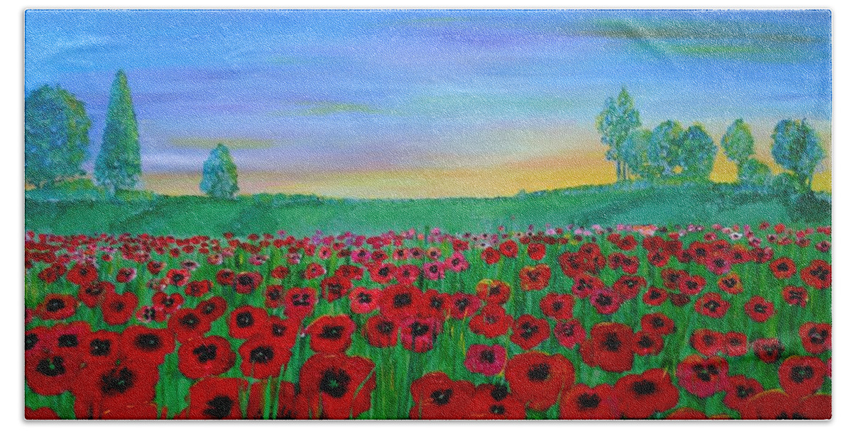 Poppies Beach Towel featuring the painting Poppy Field at Sunset by Karen Jane Jones