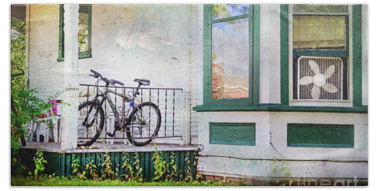 Bicycle Beach Towel featuring the photograph Porch and Window Fan Bicycle by Craig J Satterlee