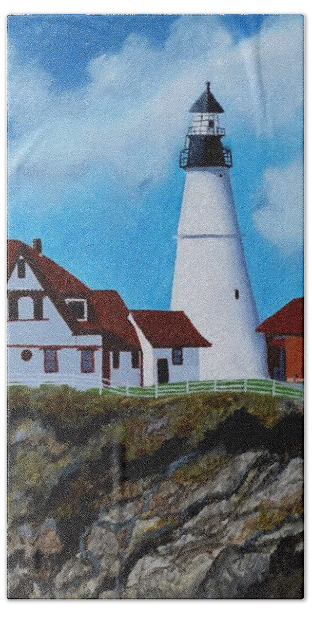 Barrieloustark Beach Towel featuring the painting Portland Head Light in Maine Viewed from the South by Barrie Stark