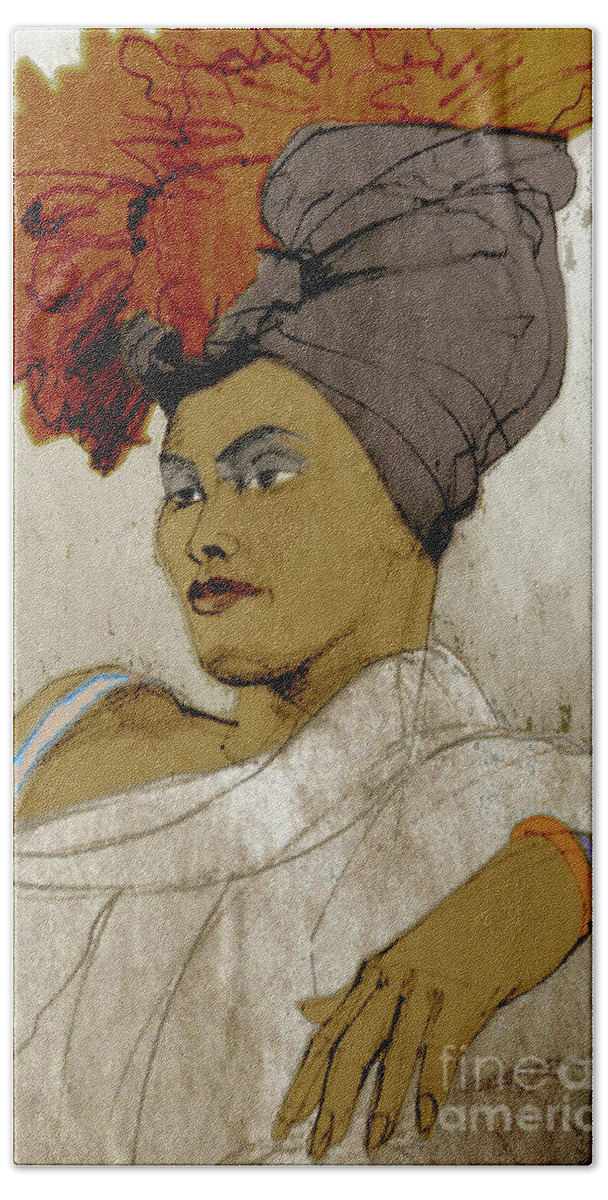Greta Beach Towel featuring the mixed media Portrait of a Caribbean Beauty by Greta Corens