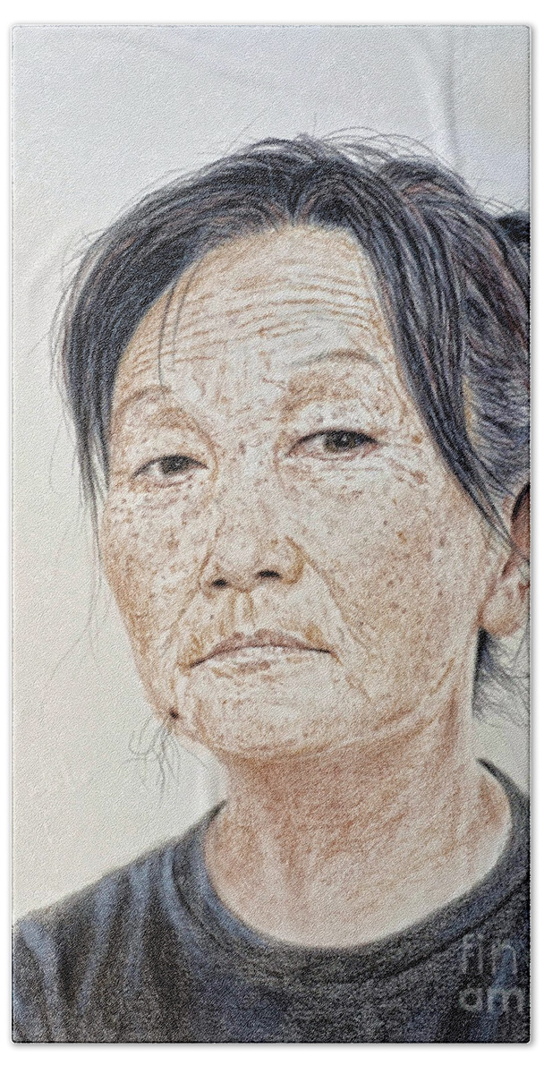 Portrait Beach Sheet featuring the mixed media Portrait of a Chinese Woman with a Mole on Her Chin by Jim Fitzpatrick