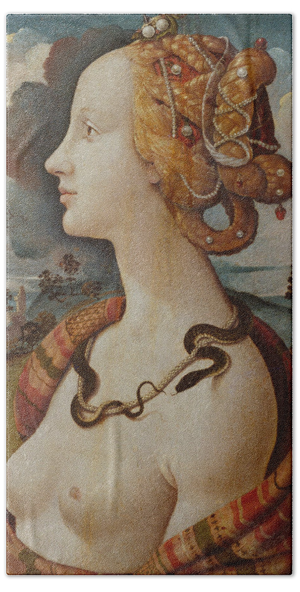 16th Century Art Beach Towel featuring the painting Portrait of a woman called Simonetta Vespucci by Piero di Cosimo
