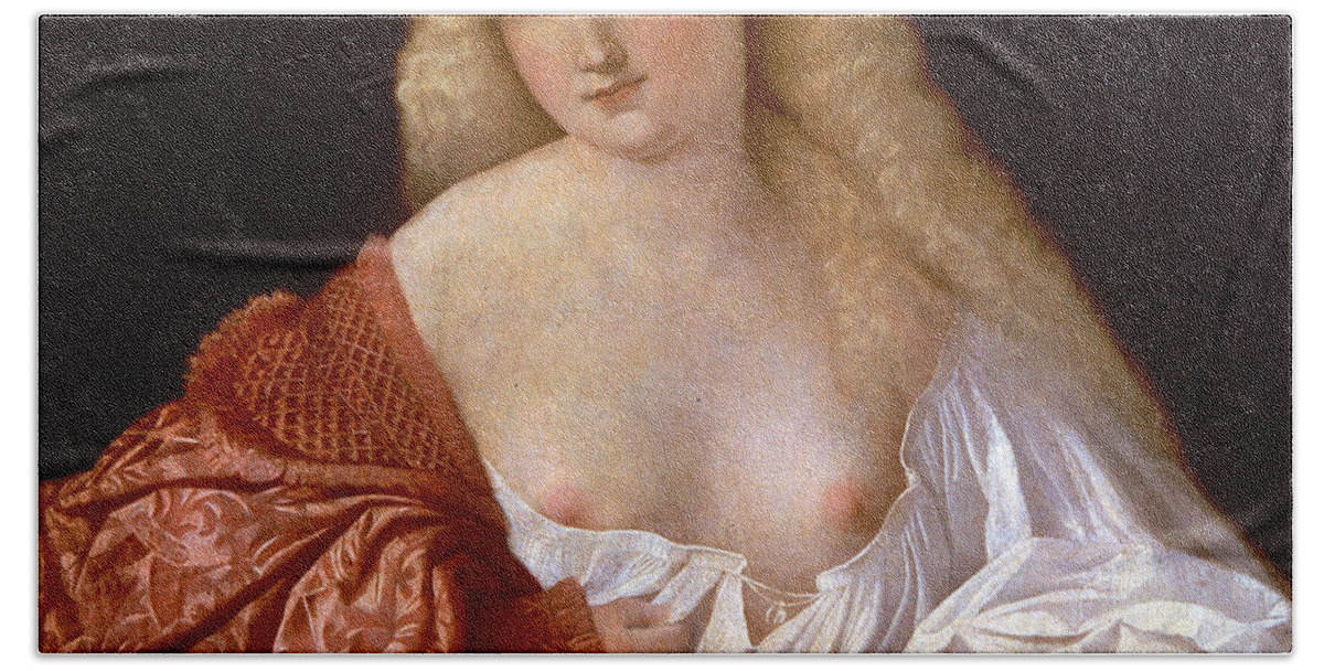 Palma Vecchio Beach Towel featuring the painting Portrait of a Woman know as Portrait of a Courtsesan by Palma Vecchio
